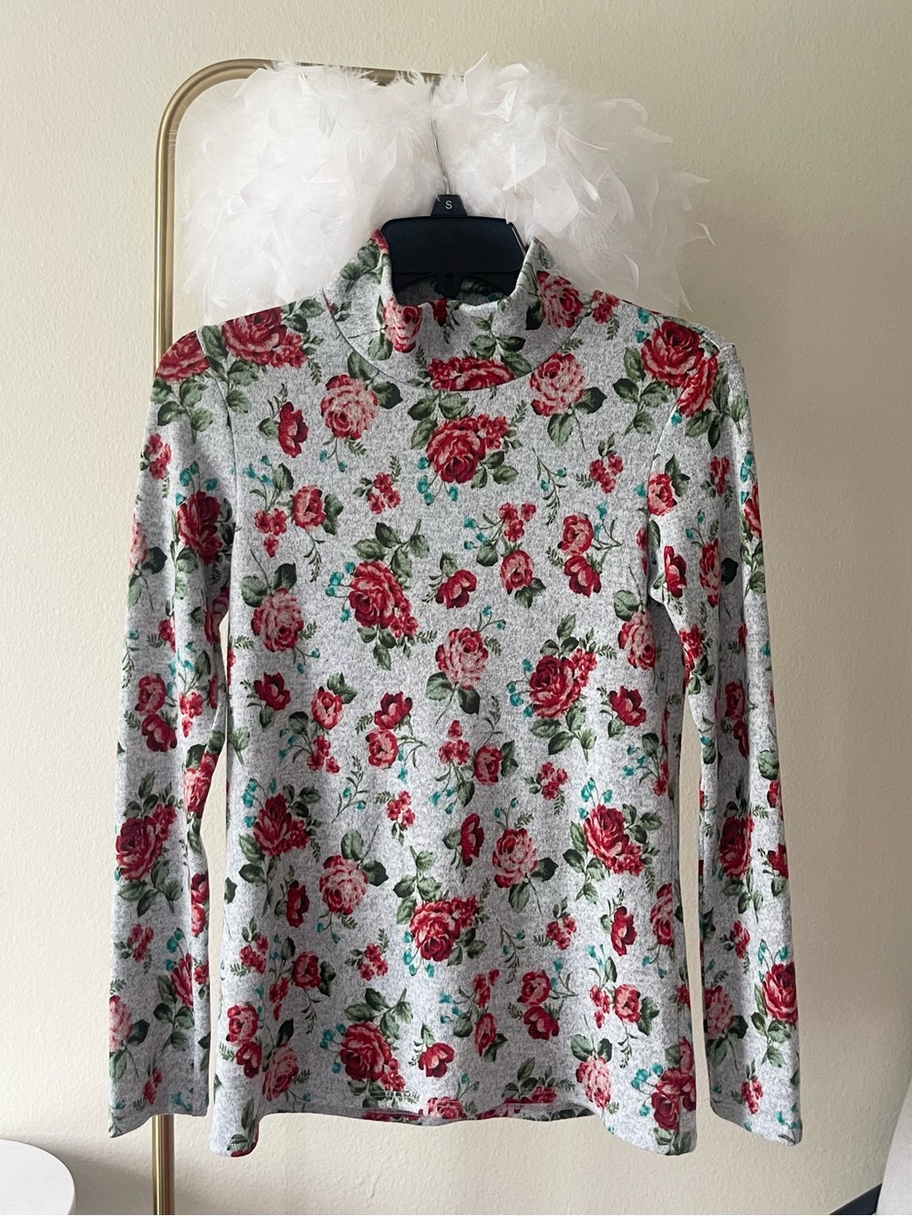 Mock neck long sleeves cottage coquette rose floral top